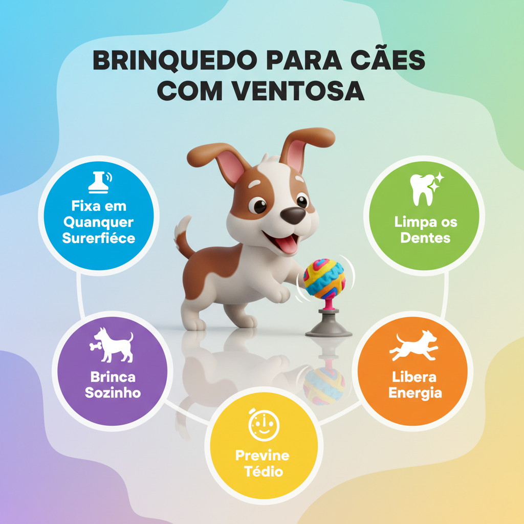 Infográfico com benefícios do brinquedo de ventosa para cães em português