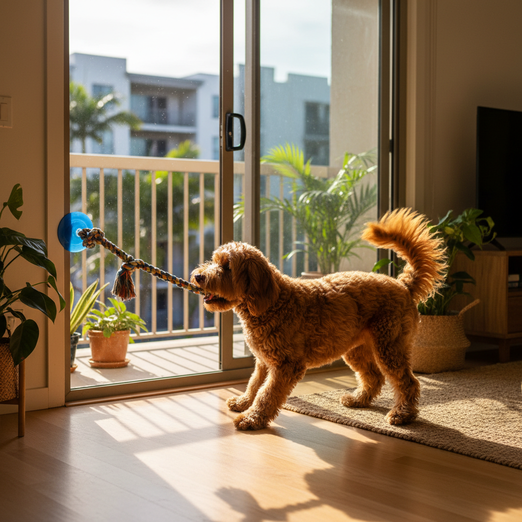 Cão brincando sozinho com brinquedo de ventosa preso na porta de vidro em apartamento brasileiro