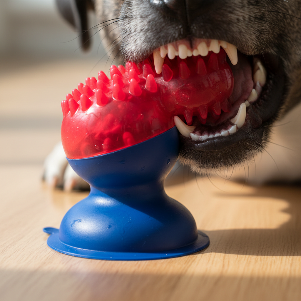 Detalhe dos dentes do cão mordendo brinquedo de silicone vermelho e azul com ventosa para limpeza dental
