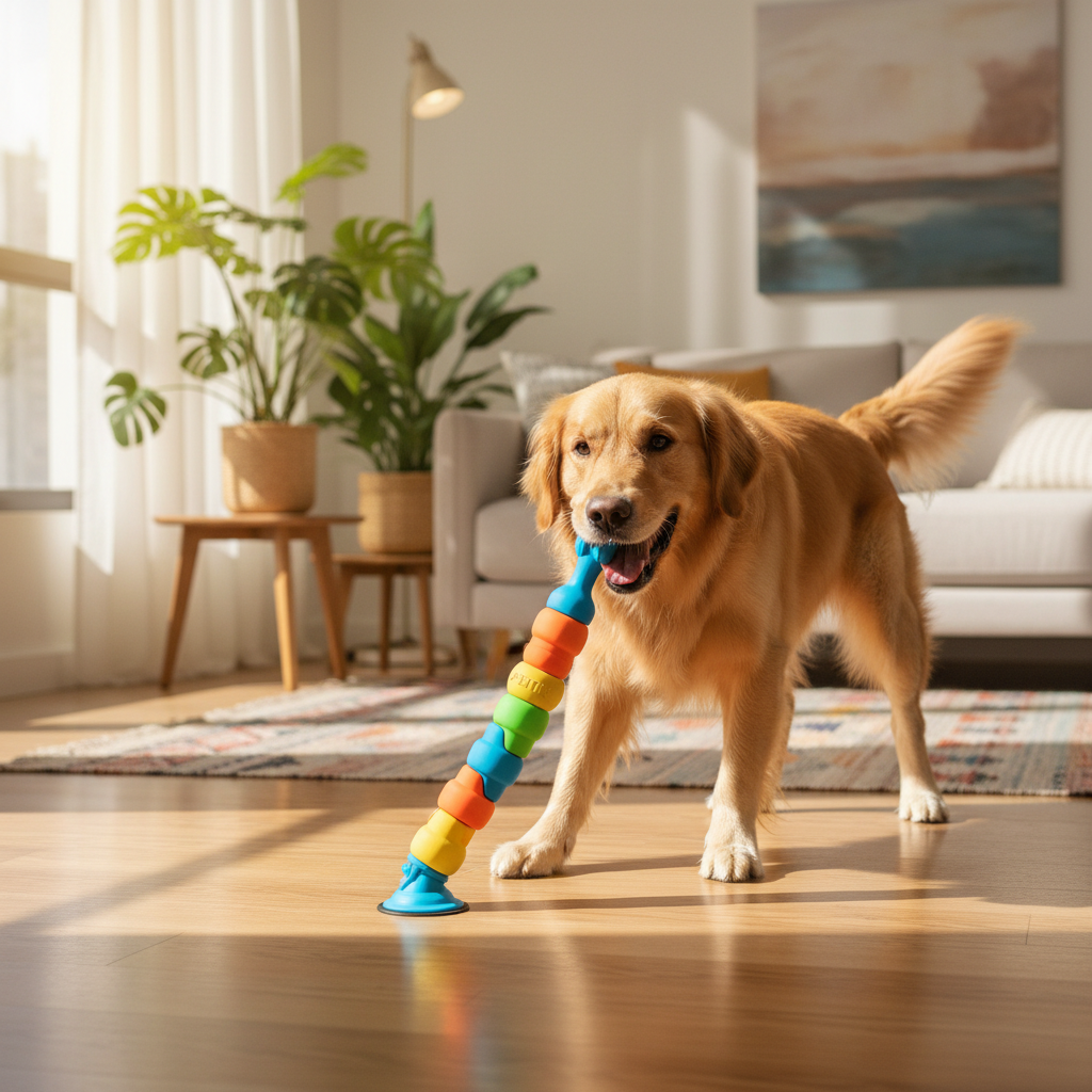 Cão feliz brincando de cabo de guerra com brinquedo de ventosa colorido no chão