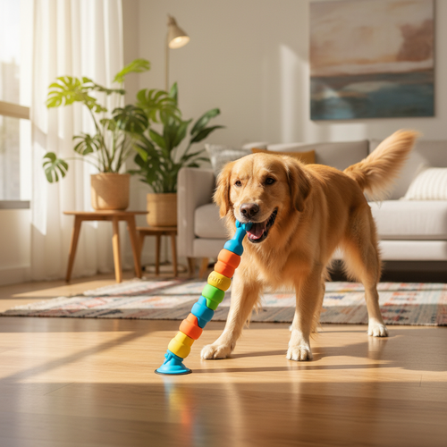 Cão feliz brincando de cabo de guerra com brinquedo de ventosa colorido no chão
